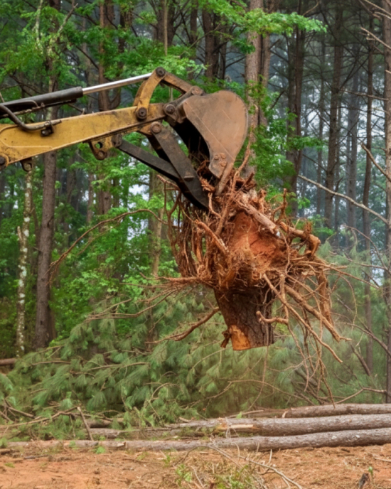 Bagger bei der Entfernung eines Baumstumpfs während der Rodung in einem Landschaftsbauprojekt in Wesertal.